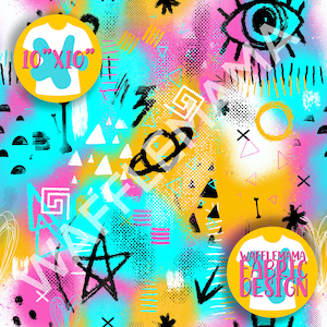 Może przedstawiać: Kolorowy abstrakcyjny wzór z geometrycznymi kształtami, gwiazdami i białym t-shirtem z tekstem "10"x"10" w żółtym kółku. Wzór jest na niebieskim, różowym, żółtym i białym tle. Tekst "WAFFLE MAMA FABRIC DESIGN" znajduje się w żółtym kółku z białym t-shirtem.