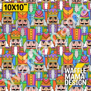 Puede incluir: Un patrón sin costuras colorido que presenta un diseño repetitivo de soldados cascanueces. Los cascanueces son de diferentes colores y tienen diferentes expresiones faciales. El patrón es perfecto para manualidades y proyectos navideños.