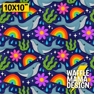 May include: A 10x10 inch seamless pattern featuring a whimsical design with blue whales, rainbows, pink and purple flowers, and green seaweed on a dark blue background. The text "WAFFLE MAMA DESIGN." is in the bottom right corner.