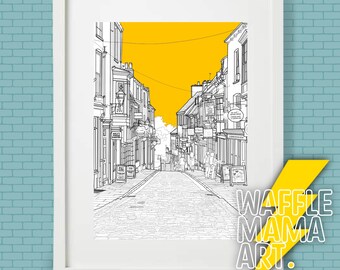 A4/A5 'Steep Hill' Lincoln Art Print, Home Decor, Wall Art, Colourful, Lincolnshire, Lincoln Cathedral, Gift Print Architecture,