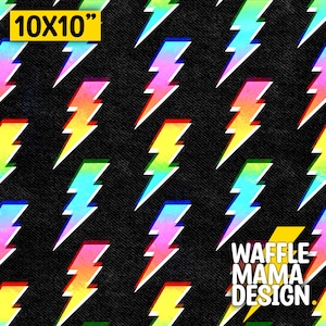 May include: A black background with a repeating pattern of rainbow colored lightning bolts. The text "10x10" is in the top left corner. The text "WAFFLE MAMA DESIGN." is in the bottom right corner.
