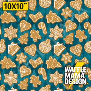 May include: A teal blue background with a repeating pattern of gingerbread cookies. The cookies are in various shapes, including a house, a tree, a stocking, a candy cane, a snowflake, a heart, a gingerbread man, and an ornament. The text "WAFFLE MAMA DESIGN." is in the lower right corner of the image.