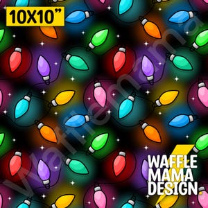 May include: A seamless pattern featuring colorful light bulbs on a black background with white stars. The bulbs are arranged in a string and are in various colors, including red, orange, yellow, green, blue, purple, and pink. The text "WAFFLE MAMA DESIGN" is at the bottom of the image.