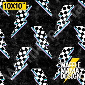 May include: A black and white checkered lightning bolt pattern with a teal, pink, and purple outline. The pattern is repeated on a black background with a grunge texture. The text "WAFFLE MAMA DESIGN" is in yellow at the bottom right corner of the image. The text "10X10" is in yellow at the top left corner of the image.