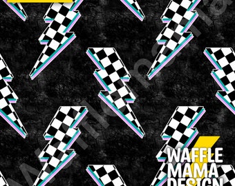 May include: A black and white checkered lightning bolt pattern with a teal, pink, and purple outline. The pattern is repeated on a black background with a grunge texture. The text "WAFFLE MAMA DESIGN" is in yellow at the bottom right corner of the image. The text "10X10" is in yellow at the top left corner of the image.