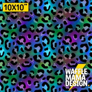 May include: A 10x10 inch digital seamless pattern featuring a black leopard print on a blue, green, and purple galaxy background with white glitter.