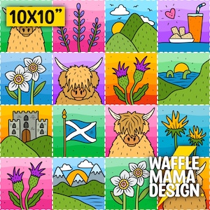 May include: A digital paper pack with 10x10 inch squares featuring illustrations of Scottish Highlands, including a castle, thistles, a Scottish flag, and Highland cows. The illustrations are in a cartoon style with bright colors and a whimsical feel. The text "WAFFLE MAMA DESIGN" is at the bottom of the image.