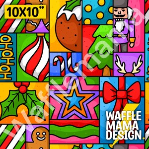 May include: A colourful 10x10 inch Christmas themed fabric featuring a variety of festive icons including a star, a candy cane, a gingerbread man, a Christmas tree, a nutcracker, a reindeer, a holly sprig, a Christmas bauble, and a pudding. The fabric also includes the text "WAFFLE MAMA DESIGN."