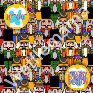 Puede incluir: Un patrón sin costuras con ilustraciones coloridas de cascanueces. Los cascanueces llevan uniformes rojos, azules, verdes y amarillos con detalles dorados. El patrón es perfecto para manualidades navideñas y proyectos de tela.