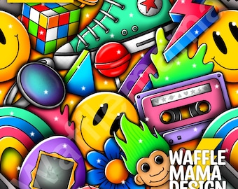 Non exclusive - Happy Retro -seamless pattern, digital file repeat pattern, 10 in x 10” RGB JPEG, 90s, vintage, 80s, kids seamless