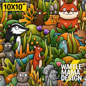Può includere: Un'illustrazione a cartoni animati colorata con animali della foresta come una volpe, un tasso, uno scoiattolo e uccelli in mezzo a una vegetazione lussureggiante. Il design include il testo "10x10" e "WAFFLE MAMA DESIGN". L'opera è vivace e stravagante.