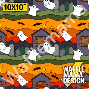 May include: A seamless pattern featuring a repeating design of cute ghosts, bats, crescent moons, and houses with boarded-up windows. The background is a colourful gradient of orange, red, green, and yellow. The pattern is perfect for Halloween-themed crafts and projects. The text "10x10" and "WAFFLE MAMA DESIGN" is included in the image.