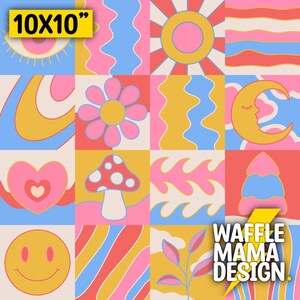 May include: A 10x10 inch digital collage featuring a variety of retro-inspired designs in pink, yellow, blue, and white. The designs include a sun, a moon, a mushroom, a flower, a heart, a smiley face, and wavy lines. The text "WAFFLE MAMA DESIGN." is in the lower right corner.