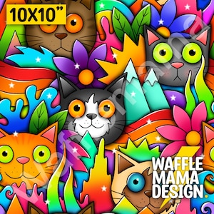 Op de afbeelding: Een kleurrijke digitale illustratie met een herhalend patroon van katten met verschillende gekleurde vacht en ogen. De achtergrond is gevuld met felle kleuren, bloemen en abstracte vormen. De tekst "WAFFLE MAMA DESIGN." is zichtbaar in de rechterbenedenhoek van de afbeelding.