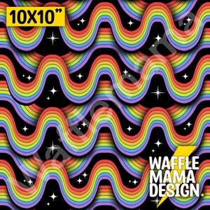 May include: A 10x10 inch seamless pattern featuring rainbow stripes in a wavy design on a black background with white stars. The text "WAFFLE MAMA DESIGN." is in white letters on a yellow lightning bolt.