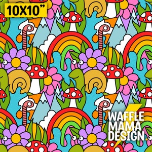 May include: A colorful 10x10 inch seamless pattern featuring a whimsical design with rainbows, mushrooms, snails, flowers, and mountains. The pattern is perfect for fabric, wallpaper, or wrapping paper.