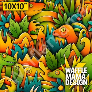 Könnte beinhalten: Ein farbenfrohes digitales Design im Format 10x10 Zoll mit Cartoon-Dinosauriern, Pflanzen und dem Text "Waffle Mama Design!" in einem gelben Blitz.
