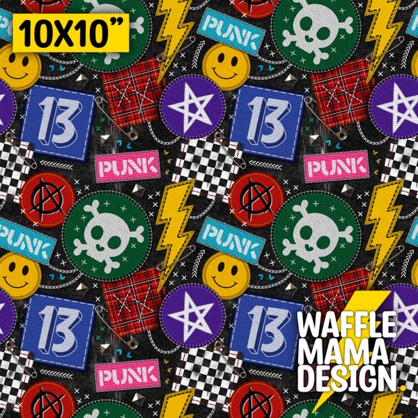 Set of 5 punk patches seamless patterns - 5 designs, digital file - repeat patterns, 10in x 10” alternative, punk, skulls, punk kid