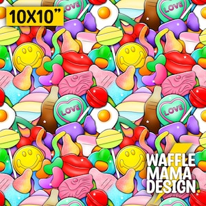 Peut inclure: Un motif sans couture coloré présentant diverses formes de bonbons, notamment des cœurs, des visages souriants, des vers gélatineux et des sucettes. Le motif est sur un fond blanc et comprend le texte "WAFFLE MAMA DESIGN".