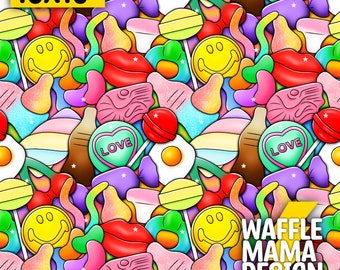 Non exclusive - Pick & Mix Doodle -seamless pattern, digital file repeat pattern, 10 in x 10” RGB, junk food, sweets, uk, Brit foods