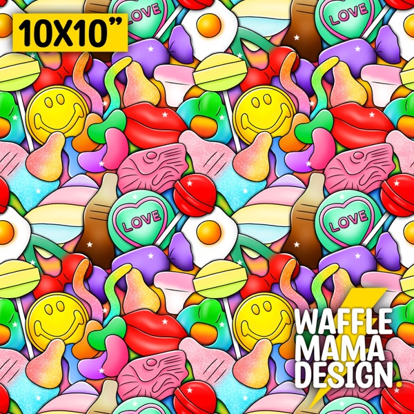 Non exclusive - Pick & Mix Doodle -seamless pattern, digital file repeat pattern, 10 in x 10” RGB, junk food, sweets, uk, Brit foods