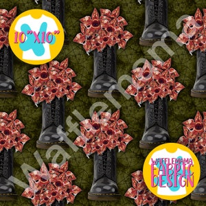 Può includere: Uno schema senza cuciture con stivali neri Doc Martens con piante rosso e arancio simili a fiori che crescono dalla parte superiore. Lo sfondo è verde scuro con un motivo sottile. Il testo "10"x"10" è nell'angolo in alto a sinistra dell'immagine. Il testo "WAFFLE MAMA FABRIC DESIGN" è nell'angolo in basso a destra dell'immagine.