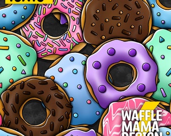 Non exclusive - Donut Shop Doodle -seamless pattern, digital file repeat pattern, 10 in x 10” RGB, junk food, snacks, doughnuts, sweet