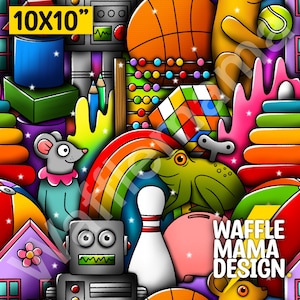 Könnte beinhalten: Ein farbenfroher Stoff mit den Maßen 25,4 x 25,4 cm, der eine Vielzahl von Spielzeugen und Objekten zeigt, darunter einen Regenbogen, einen Roboter, einen Frosch, eine Maus, eine Bowlingkugel, ein Sparschwein, einen Basketball, einen Spielzeug-Abakus, einen Baustein, ein Haus und den Text "WAFFLE MAMA DESIGN".
