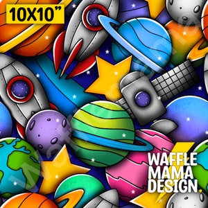 May include: A colorful space-themed fabric design featuring rockets, planets, stars, and the text "WAFFLE MAMA DESIGN."