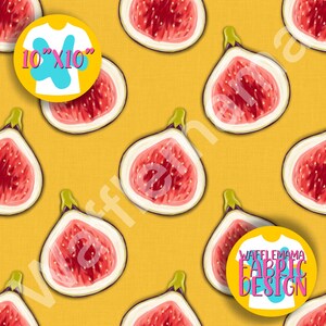 May include: A seamless pattern featuring halved figs with red flesh and white skin on a yellow background. The text "WAFFLE MAMA FABRIC DESIGN" is in a white circle with a blue outline.
