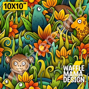 Puede incluir: Un diseño digital colorido de 25,4 x 25,4 cm que presenta una escena de jungla con un mono, un pájaro, un leopardo y flores. El diseño incluye el texto "Waffle Mama Design."