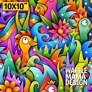 May include: A colorful 10x10 inch digital design featuring a whimsical pattern of cartoon animals, flowers, and abstract shapes. The design includes a rooster, a bird, a flower, and a crown. The text "WAFFLE MAMA DESIGN" is visible in the lower right corner.
