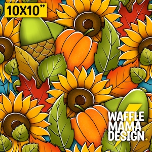 May include: A seamless pattern featuring sunflowers, pumpkins, acorns, and leaves in shades of yellow, orange, brown, and green. The pattern is repeated throughout the image. The text "WAFFLE MAMA DESIGN." is visible in the lower right corner of the image.