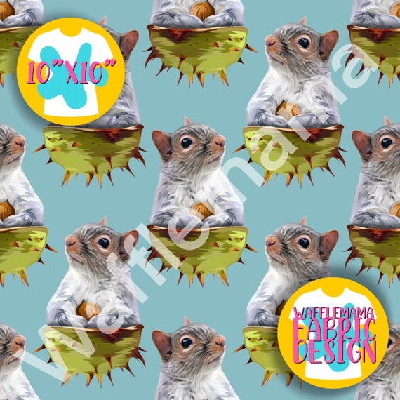 EXCLUSIVE Conker squirrel design on blue, seamless pattern 1 colour, digital file for repeat pattern, plants, 10in x 10 inch sRGB PNG