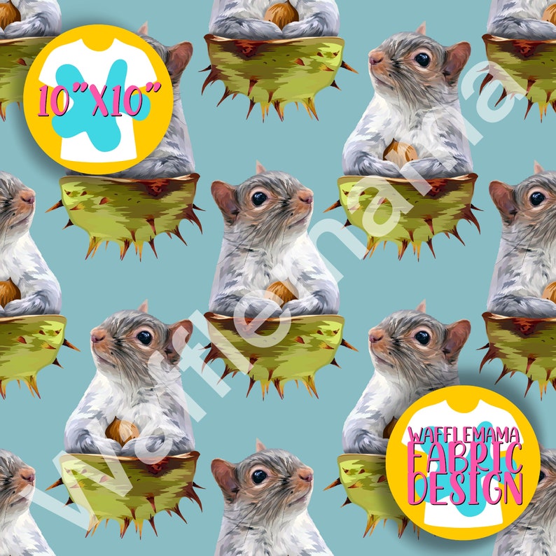 May include: A seamless pattern featuring a gray squirrel holding a nut, sitting inside a green spiky chestnut burr. The background is a light blue color. The pattern repeats throughout the image. The text "10"x"10" is visible in the top left corner of the image. The text "WAFFLE MAMA FABRIC DESIGN" is visible in the bottom right corner of the image.