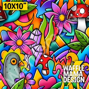 May include: A colorful, psychedelic pattern with a variety of shapes, including flowers, mushrooms, crystals, and a bird. The pattern is set against a bright yellow background and includes the text "WAFFLE MAMA DESIGN."