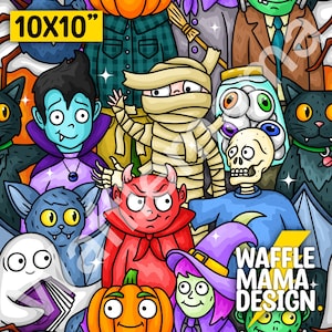May include: A colorful Halloween-themed digital paper featuring a variety of characters, including a mummy, a vampire, a devil, a witch, a ghost, a pumpkin, and a black cat. The paper is 10 inches by 10 inches and includes the text "WAFFLE MAMA DESIGN."