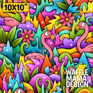 May include: A colorful, whimsical pattern featuring pink flamingos, flowers, and tropical leaves. The background is a vibrant mix of blue, green, yellow, and purple. The text "WAFFLE MAMA DESIGN." is in the lower right corner.