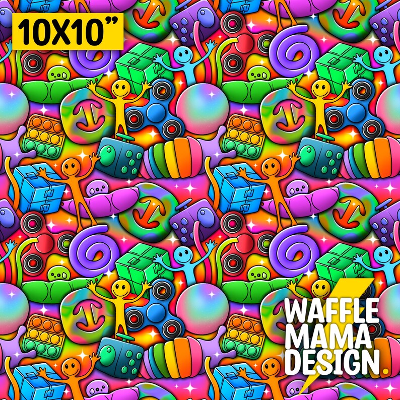 May include: A colorful 10x10 inch seamless pattern featuring a variety of popular fidget toys, including pop-it, fidget spinners, slime, and more. The background is a vibrant rainbow gradient with sparkling stars.