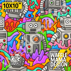 Op de afbeelding: Een kleurrijk, abstract patroon met robots in verschillende ontwerpen. De robots zijn grijs en hebben grote, ronde ogen. De achtergrond is een mix van felle kleuren, waaronder rood, oranje, geel, groen, blauw en paars. De tekst "10x10" en "WAFFLE MAMA DESIGN!" is ook opgenomen in het patroon.