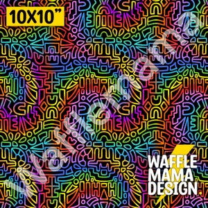 Puede incluir: Un patrón sin costuras de 10x10 pulgadas con un diseño de arcoíris colorido y contornos negros. El patrón está formado por varias formas geométricas y diseños abstractos. El texto "WAFFLE MAMA DESIGN" es visible en la esquina inferior derecha.