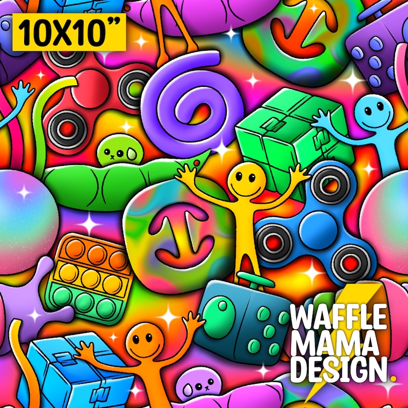 May include: A colorful 10x10 inch seamless pattern featuring popular fidget toys, including a rainbow fidget spinner, a pop-it, a slime, and a fidget cube. The pattern also includes a green pea pod, a yellow smiley face, and a blue and orange swirl.