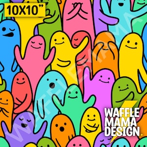 Könnte beinhalten: Ein farbenfrohes Muster aus Comicfiguren mit verschiedenen Gesichtsausdrücken und Farben. Das Muster wiederholt sich und enthält den Text "WAFFLE MAMA DESIGN." und "10x10"