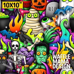 Peut inclure: Un motif coloré sur le thème d'Halloween avec divers personnages et éléments effrayants. Le motif comprend une momie, le monstre de Frankenstein, un squelette, des chauves-souris, des citrouilles et un fantôme. Le texte "10X10" est en haut à gauche. Design de Waffle Mama Design.