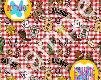 Könnte beinhalten: Ein rotes und weißes Gingham-Muster mit einer Vielzahl von Illustrationen zum Thema Western. Die Illustrationen beinhalten einen Cowboyhut, ein Hufeisen, einen Kaktus, einen Geldsack, ein Fahndungsplakat, einen Sheriffsstern, ein Saloon-Schild und ein Pferd. Der Text "10"x"10" und "WAFFLEMAMA FABRIC DESIGN" sind ebenfalls im Muster enthalten.