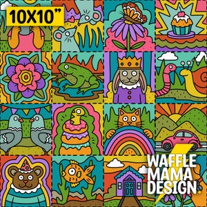 Könnte beinhalten: Ein 10x10 Zoll großes, farbenfrohes digitales Papiermuster mit einer Vielzahl von skurrilen Illustrationen, darunter ein Frosch, eine Katze, ein Kaninchen, ein Cupcake, eine Blume, ein Regenbogen, ein Fisch, eine Schnecke, ein Vogel, ein Donut und ein Haus. Das Muster ist perfekt für Basteln, Scrapbooking und andere kreative Projekte.