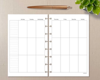 May include: Open planner with a weekly layout, featuring sections for each day of the week. A rose gold pen rests above the planner. A small potted plant is in the upper right corner. The planner is open to a blank page.