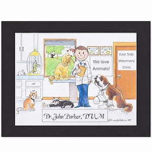 VETERINARY CLINIC Custom Cartoon Gift - Personalized Vet Office Art Print - Veterinarian Pet Doctor Graduation Gift - Animal Lover Decor