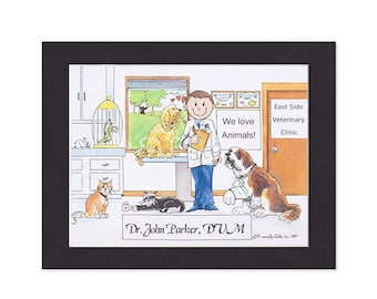 VETERINARY CLINIC Custom Cartoon Gift - Personalized Vet Office Art Print - Veterinarian Pet Doctor Graduation Gift - Animal Lover Decor