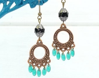 Mixed-metals & Green and Black Chandelier Earrings